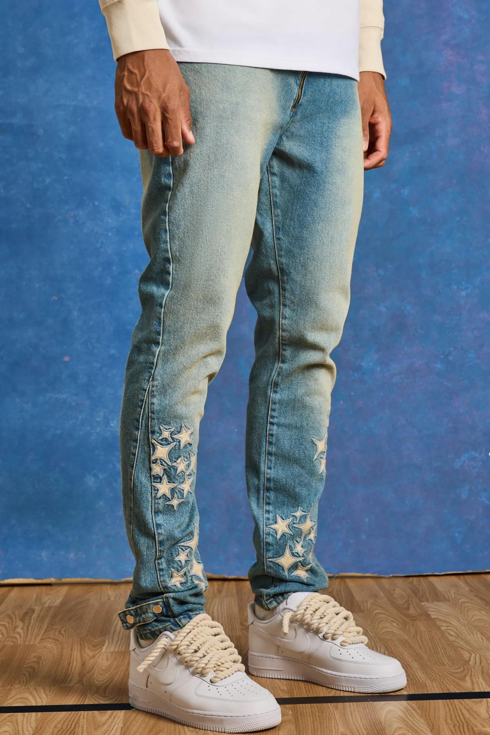 Tall Slim Rigid Pu Star Applique Gusset Jeans | BoohooMAN UK