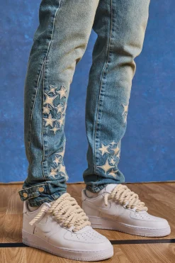 Tall Slim Rigid Pu Star Applique Gusset Jeans | BoohooMAN UK