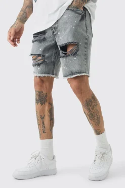 Tall Slim Rigid Ripped Paint Splatter Denim Shorts In Ice Grey | BoohooMAN UK