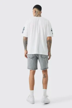 Tall Slim Rigid Ripped Paint Splatter Denim Shorts In Ice Grey | BoohooMAN UK