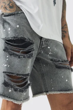 Tall Slim Rigid Ripped Paint Splatter Denim Shorts In Ice Grey | BoohooMAN UK