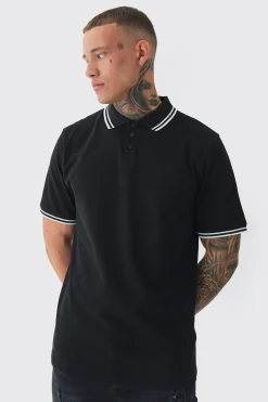 Tall Slim Tipped Pique Polo In Black | BoohooMAN UK
