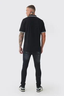 Tall Slim Tipped Pique Polo In Black | BoohooMAN UK
