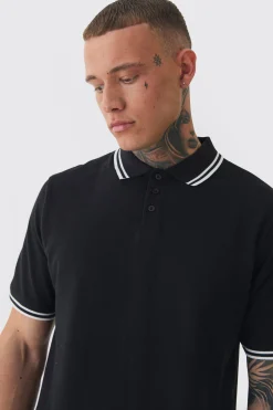 Tall Slim Tipped Pique Polo In Black | BoohooMAN UK