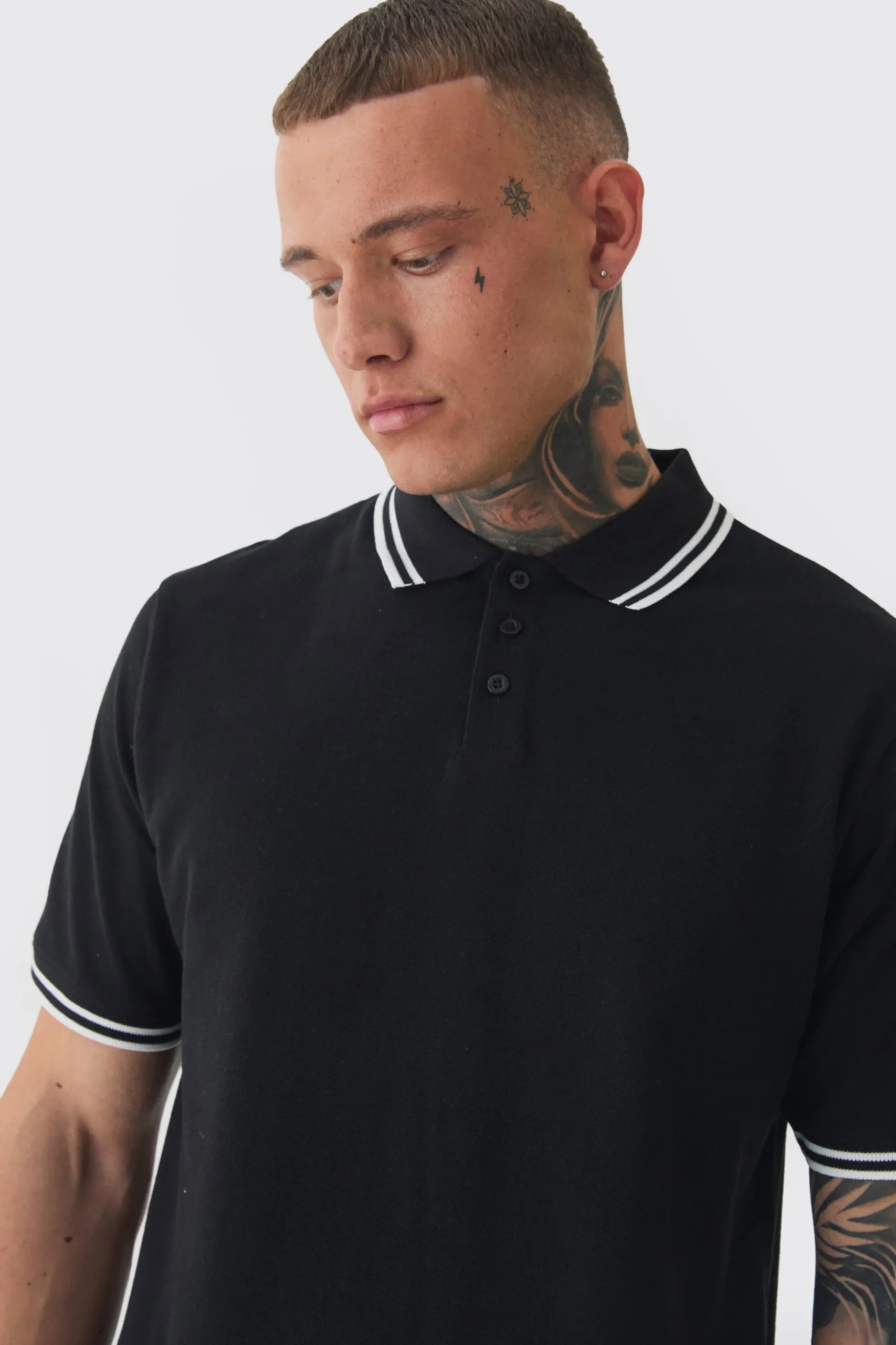 Tall Slim Tipped Pique Polo In Black | BoohooMAN UK