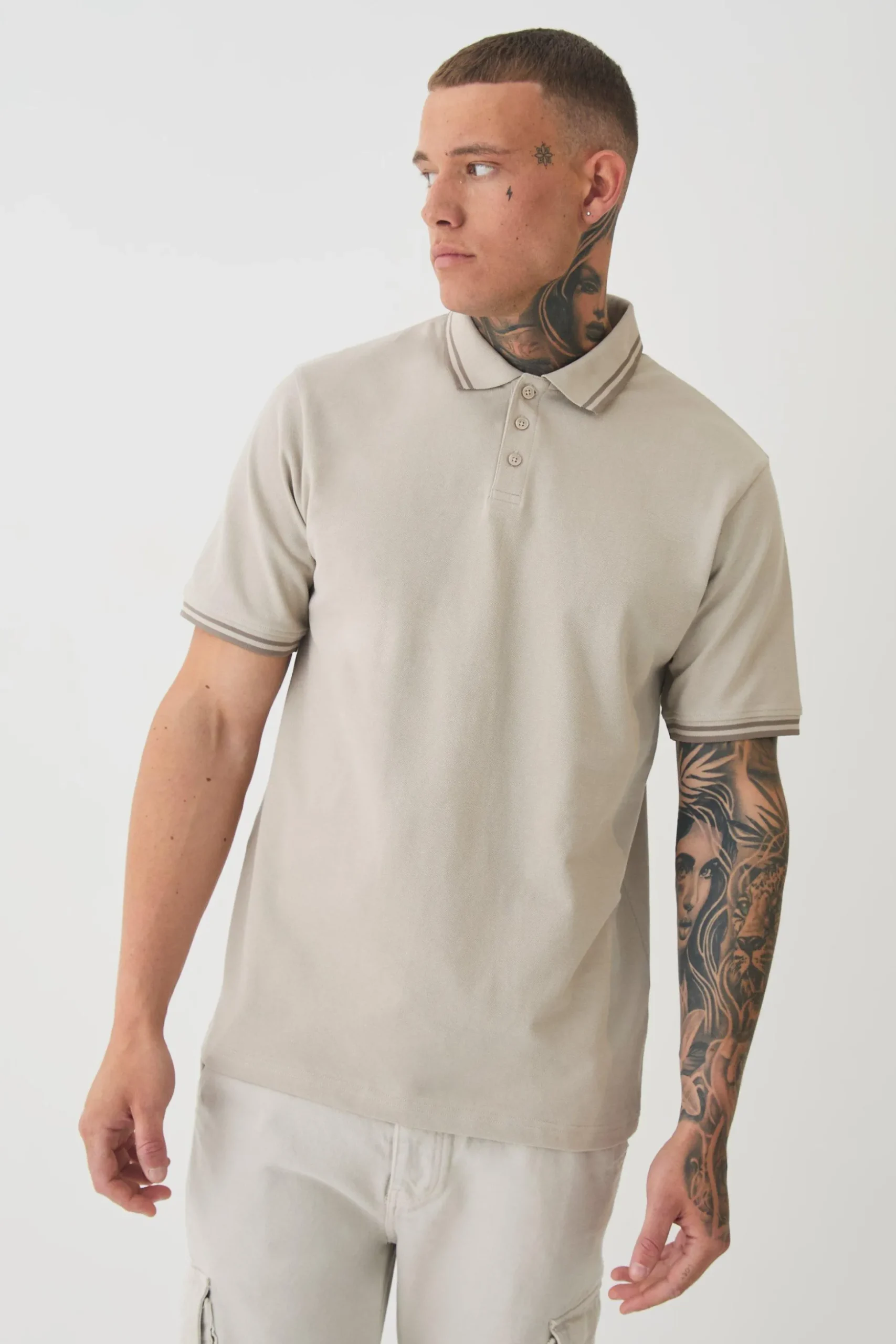 Tall Slim Tipped Pique Polo In Stone | BoohooMAN UK