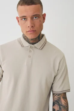 Tall Slim Tipped Pique Polo In Stone | BoohooMAN UK