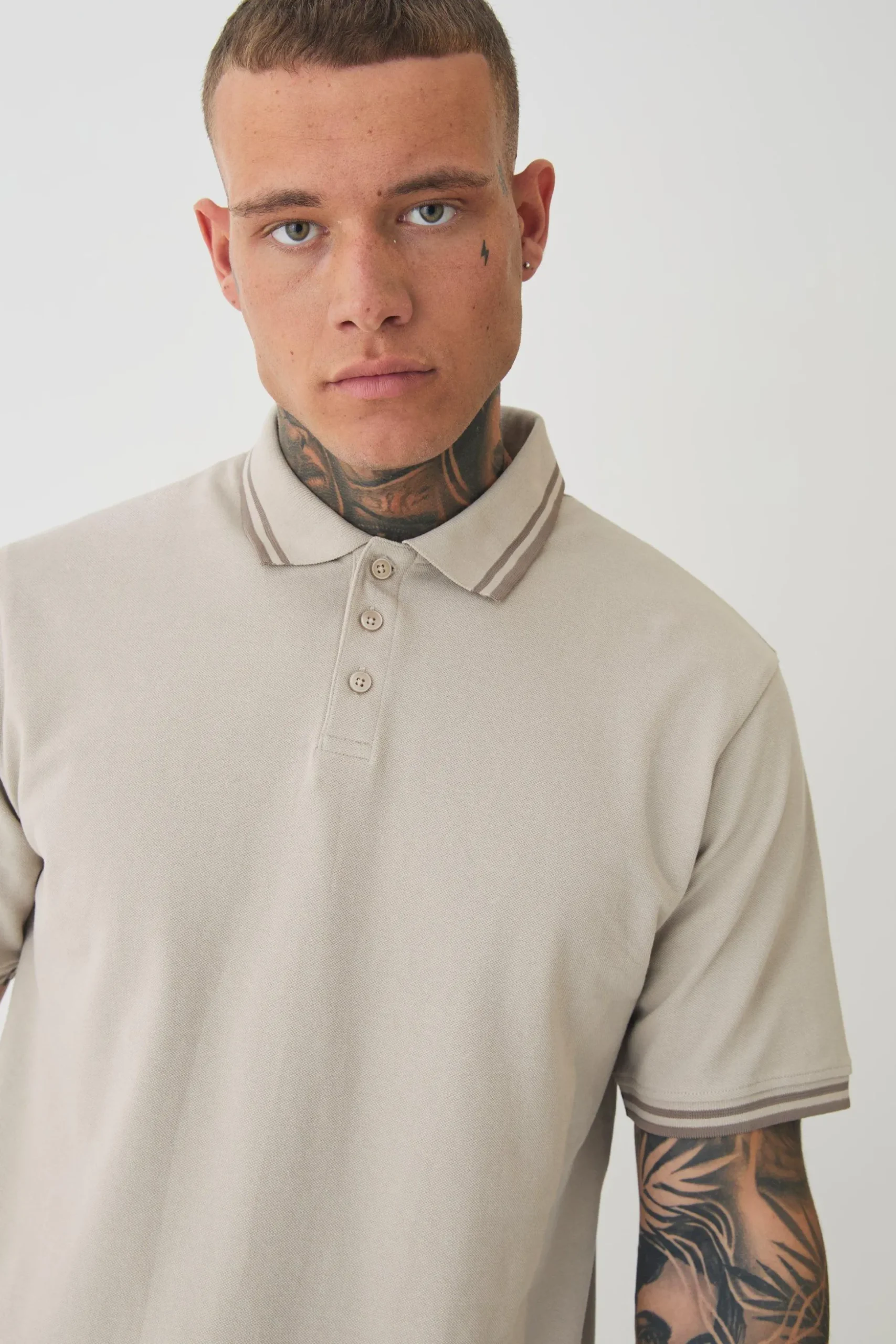 Tall Slim Tipped Pique Polo In Stone | BoohooMAN UK