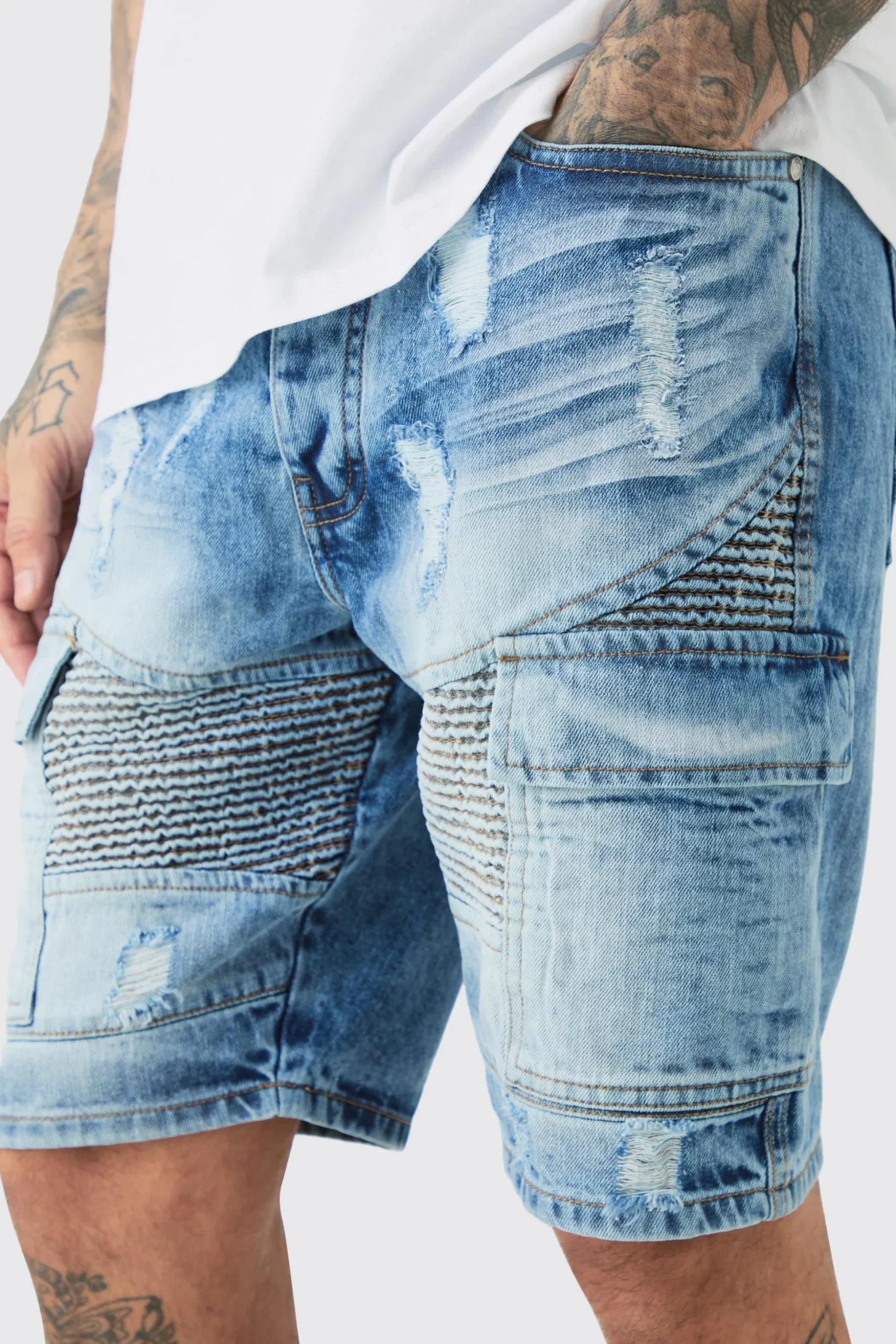 Tall Straight Fit Biker Denim Shorts | BoohooMAN UK