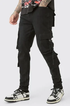 Tall Stretch Skinny Cargo Pocket Detail Jean In True Black | BoohooMAN UK