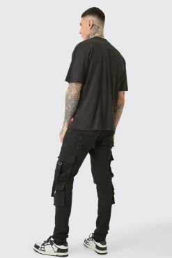 Tall Stretch Skinny Cargo Pocket Detail Jean In True Black | BoohooMAN UK
