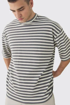 Tall Stripe Compact Rib Boxy Oversized T-Shirt | BoohooMAN UK