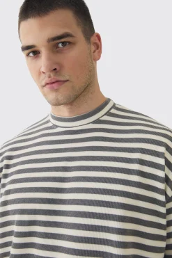 Tall Stripe Compact Rib Boxy Oversized T-Shirt | BoohooMAN UK