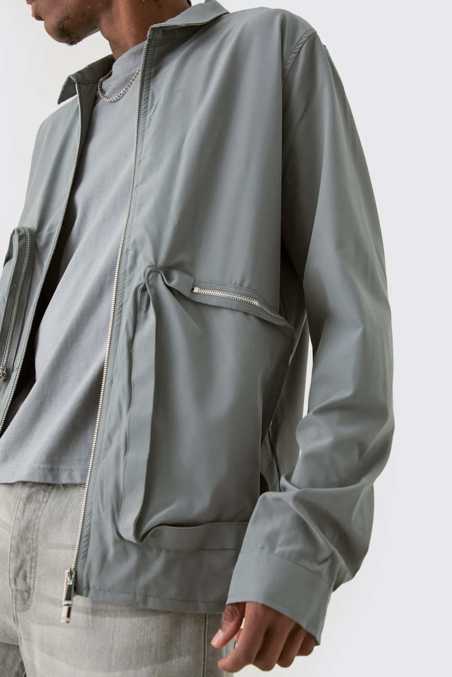 Tall Technical Stretch Harrington Asymmetrical Jacket | BoohooMAN UK