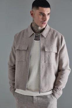 Tall Textured Cotton Jacquard Smart Harrington Jacket | BoohooMAN UK