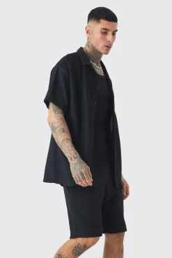 Tall Textured Jersey Resort Shirt & Short Set | BoohooMAN UK