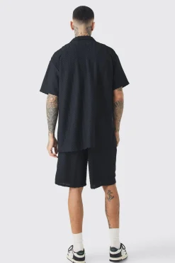 Tall Textured Jersey Resort Shirt & Short Set | BoohooMAN UK