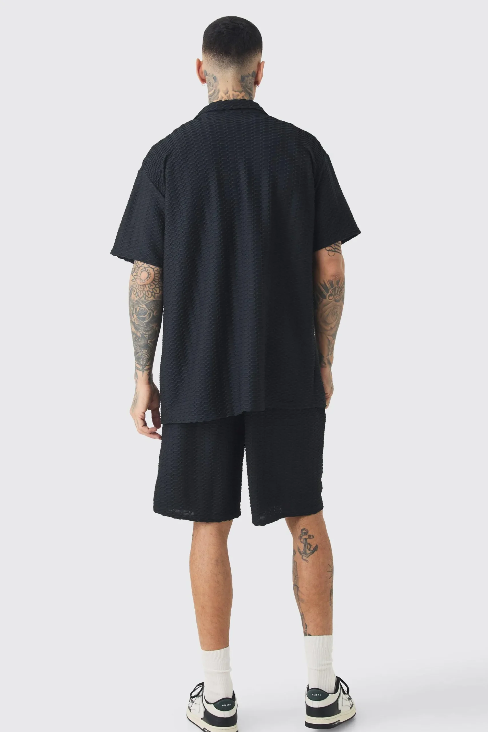 Tall Textured Jersey Resort Shirt & Short Set | BoohooMAN UK