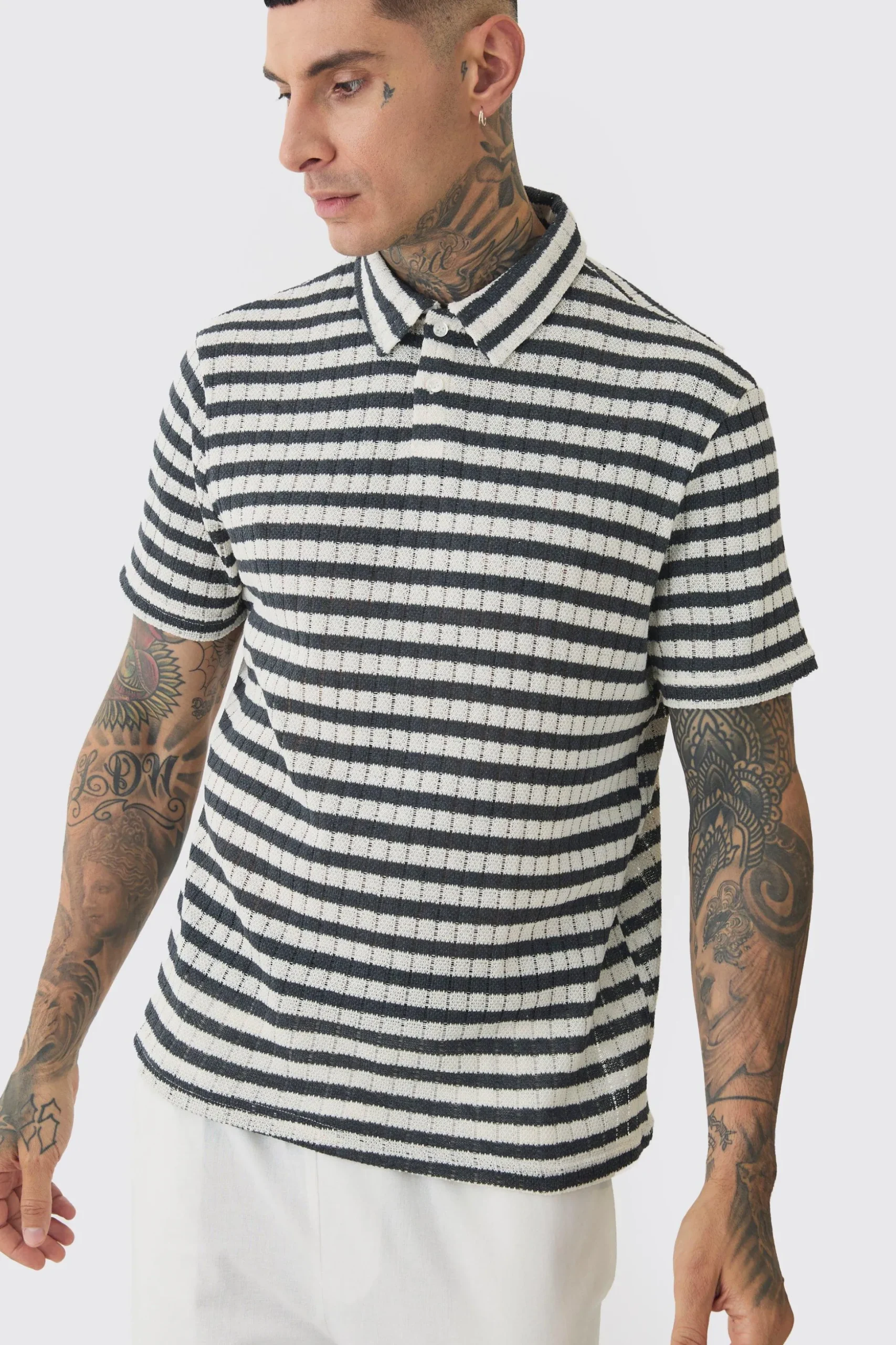 Tall Textured Stripe Polo | BoohooMAN UK