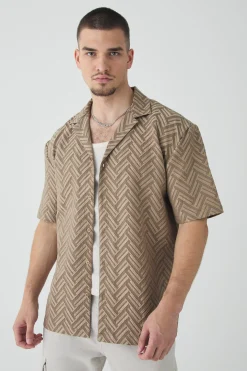 Tall Tonal Geo Revere Shirt | BoohooMAN UK