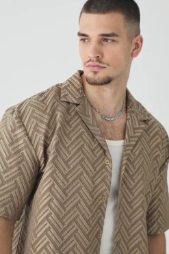 Tall Tonal Geo Revere Shirt | BoohooMAN UK