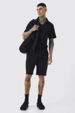Tall Towelling Overshirt Shirt Short & Tote Set Black | BoohooMAN UK