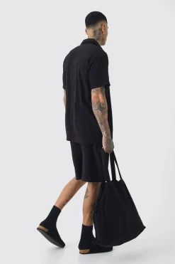 Tall Towelling Overshirt Shirt Short & Tote Set Black | BoohooMAN UK