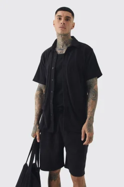 Tall Towelling Overshirt Shirt Short & Tote Set Black | BoohooMAN UK