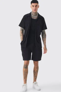 Tall Towelling Shirt & Short Set In Black | BoohooMAN UK