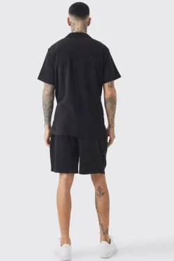 Tall Towelling Shirt & Short Set In Black | BoohooMAN UK