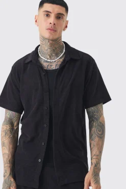 Tall Towelling Shirt & Short Set In Black | BoohooMAN UK