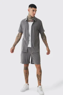Tall Towelling Shirt Shirt & Short Set In Grey | BoohooMAN UK