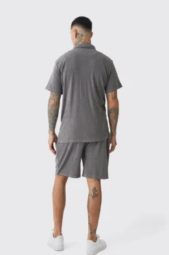 Tall Towelling Shirt Shirt & Short Set In Grey | BoohooMAN UK