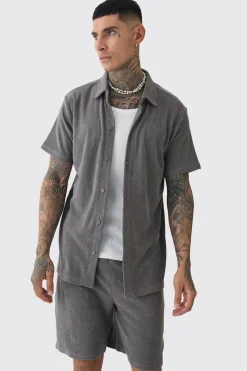 Tall Towelling Shirt Shirt & Short Set In Grey | BoohooMAN UK