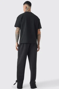 Tall Tricot Embroidered Split Hem Relaxed Fit Trousers | BoohooMAN UK