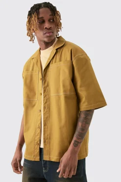 Tall Twill Drop Revere Contrast Stitch Shirt | BoohooMAN UK