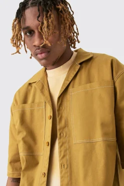 Tall Twill Drop Revere Contrast Stitch Shirt | BoohooMAN UK