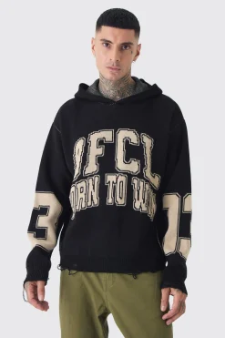 Tall Varsity Distressed Knitted Hoodie | BoohooMAN UK