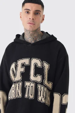 Tall Varsity Distressed Knitted Hoodie | BoohooMAN UK
