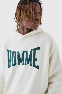 Tall Varsity HOMME Print Oversized Hoodie | BoohooMAN UK