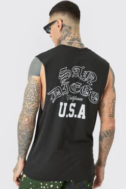 Tall Varsity San Diego Backprint Tank In Black | BoohooMAN UK