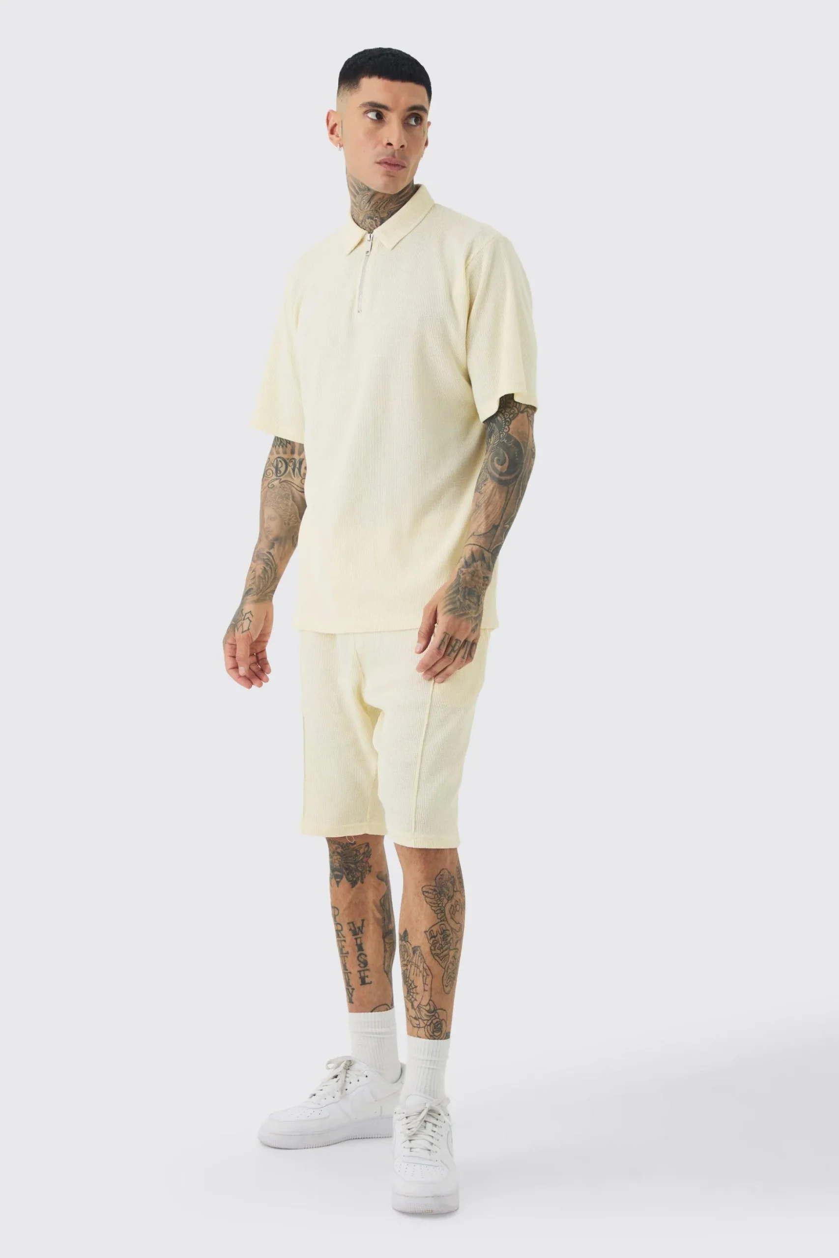 Tall Waffle Polo & Short Set | BoohooMAN UK