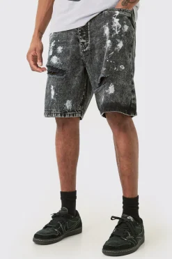 Tall Washed Black Paint Splatter Relaxed Denim Shorts | BoohooMAN UK