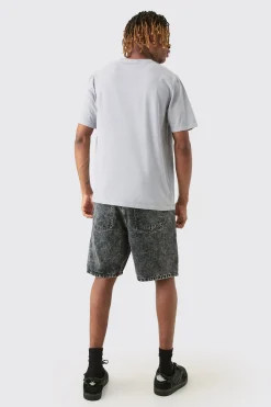 Tall Washed Black Paint Splatter Relaxed Denim Shorts | BoohooMAN UK