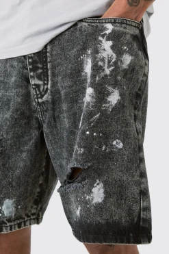 Tall Washed Black Paint Splatter Relaxed Denim Shorts | BoohooMAN UK
