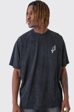Tall Washed Cross Embroidered T-Shirt | BoohooMAN UK