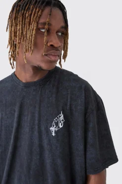 Tall Washed Cross Embroidered T-Shirt | BoohooMAN UK
