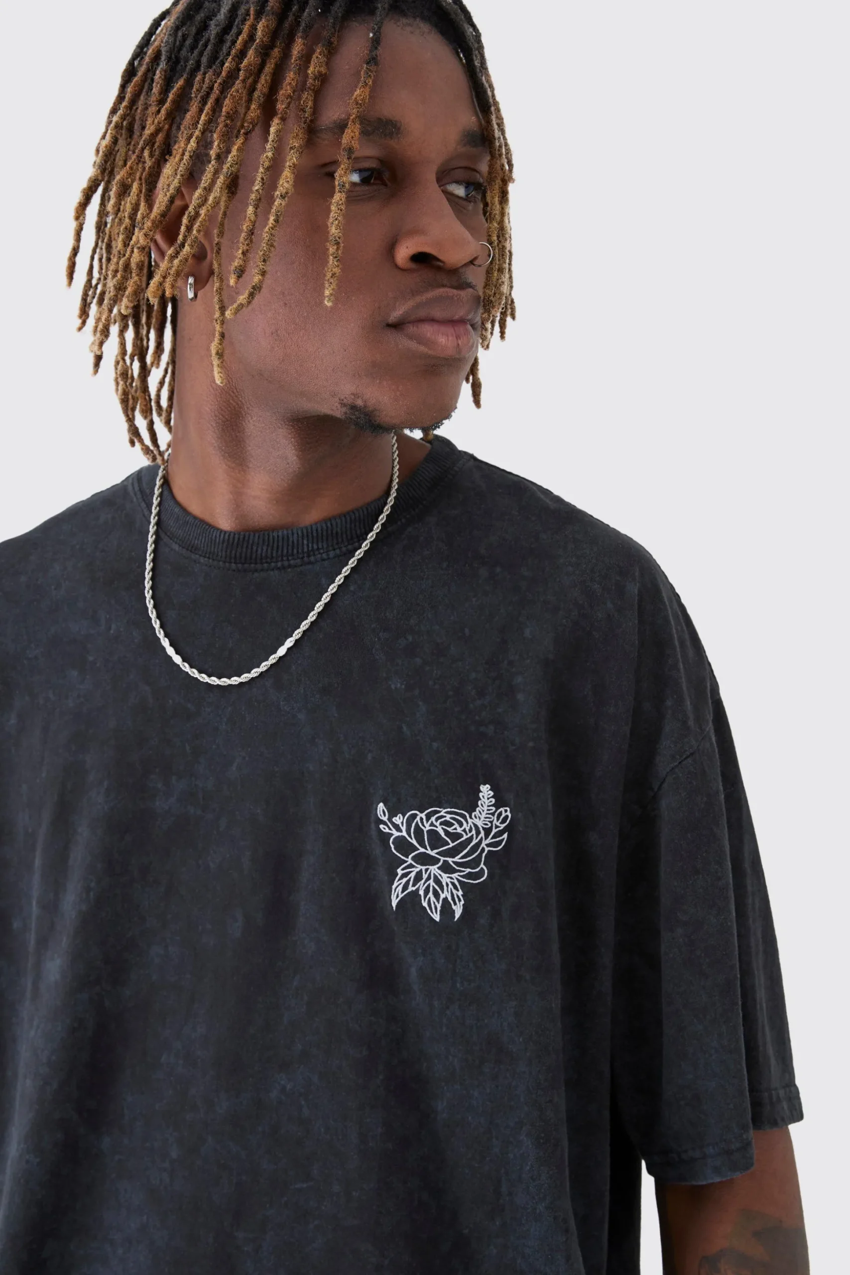 Tall Washed Floral Embroidered T-Shirt | BoohooMAN UK