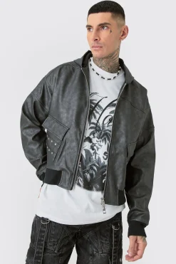 Tall Washed Pu Hooded Bomber | BoohooMAN UK