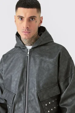 Tall Washed Pu Hooded Bomber | BoohooMAN UK